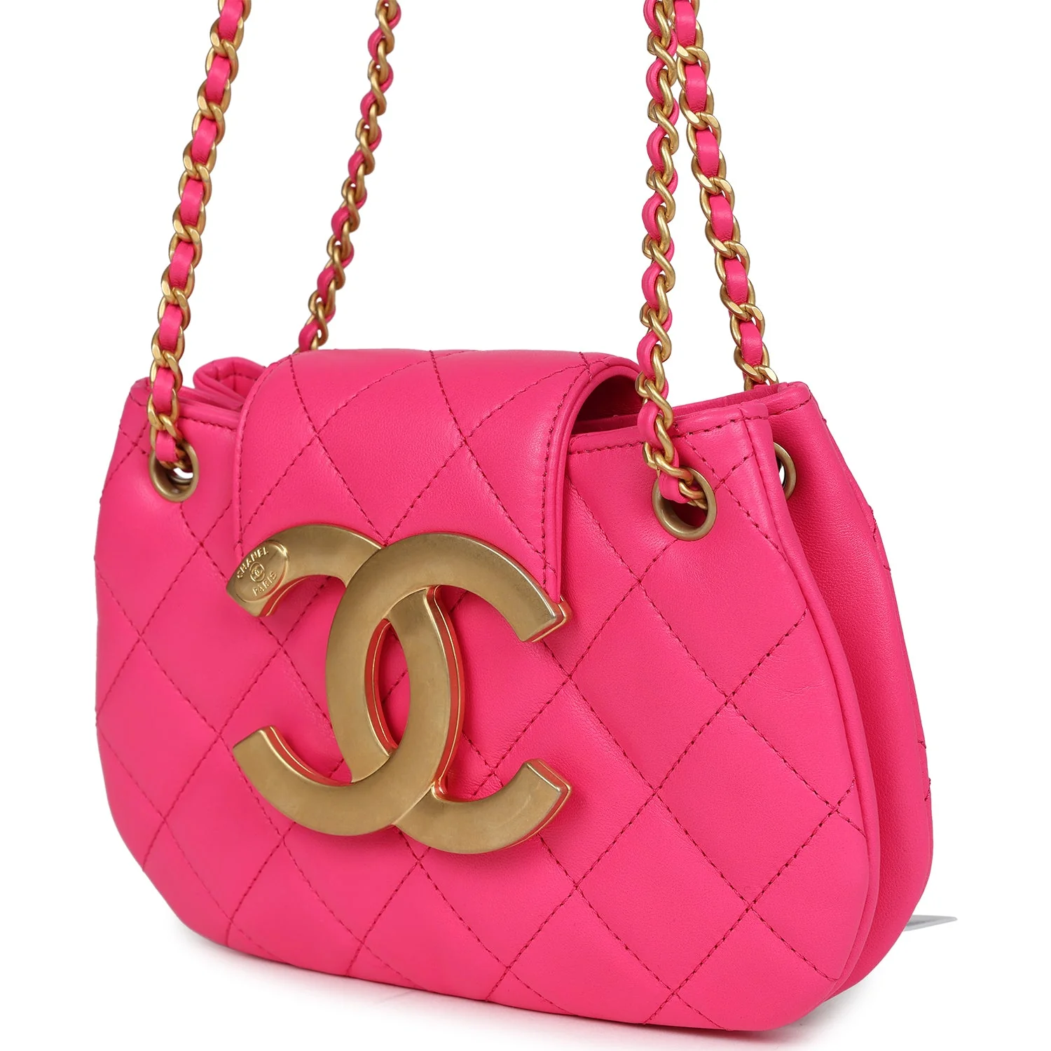 Chanel CC Mini Shoulder Bag Fuchsia Lambskin Antique Gold Hardware - Image 5