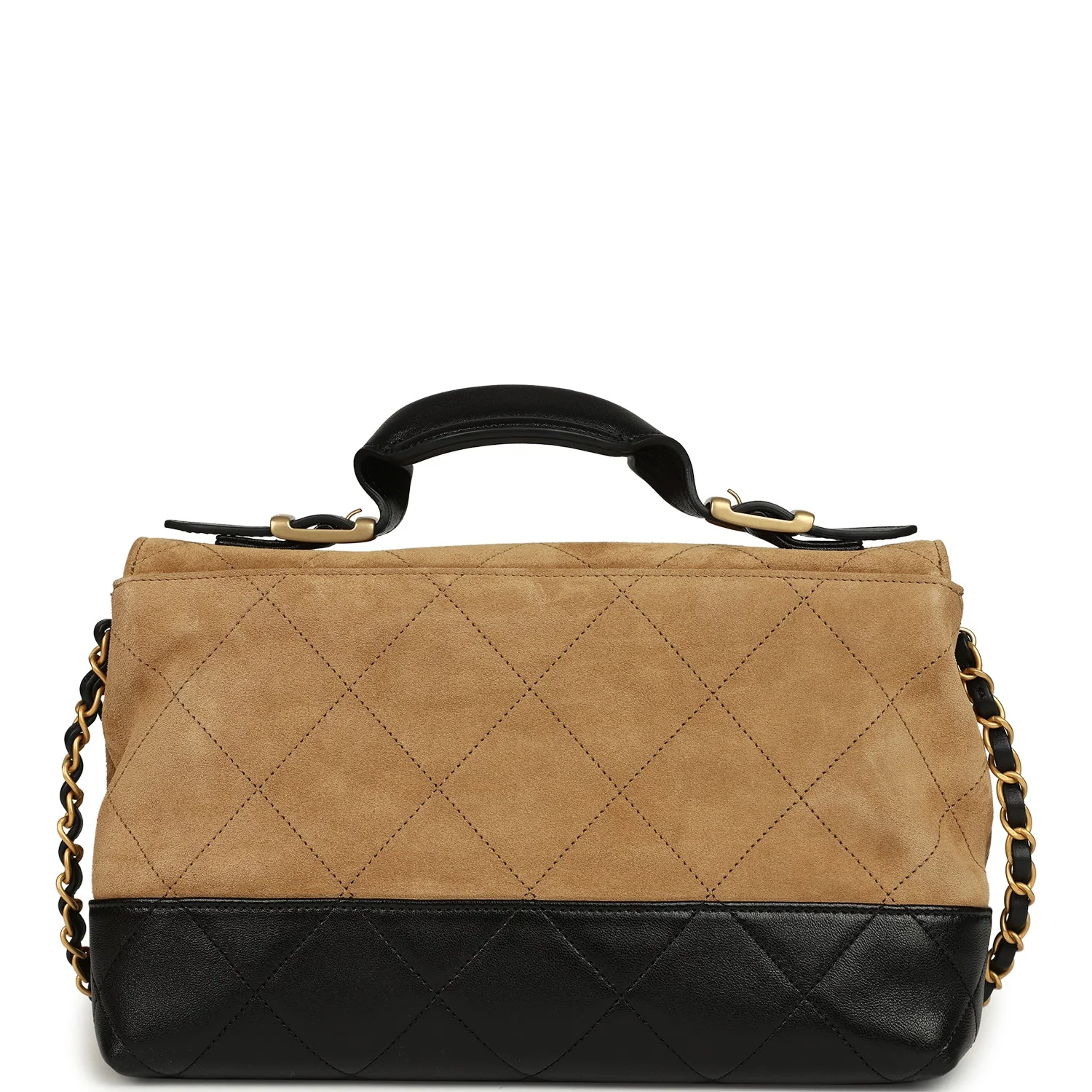 Chanel Coco Base Top Handle Flap Bag Brown Suede and Black Shiny Lambskin Brushed Gold Hardware - Image 4