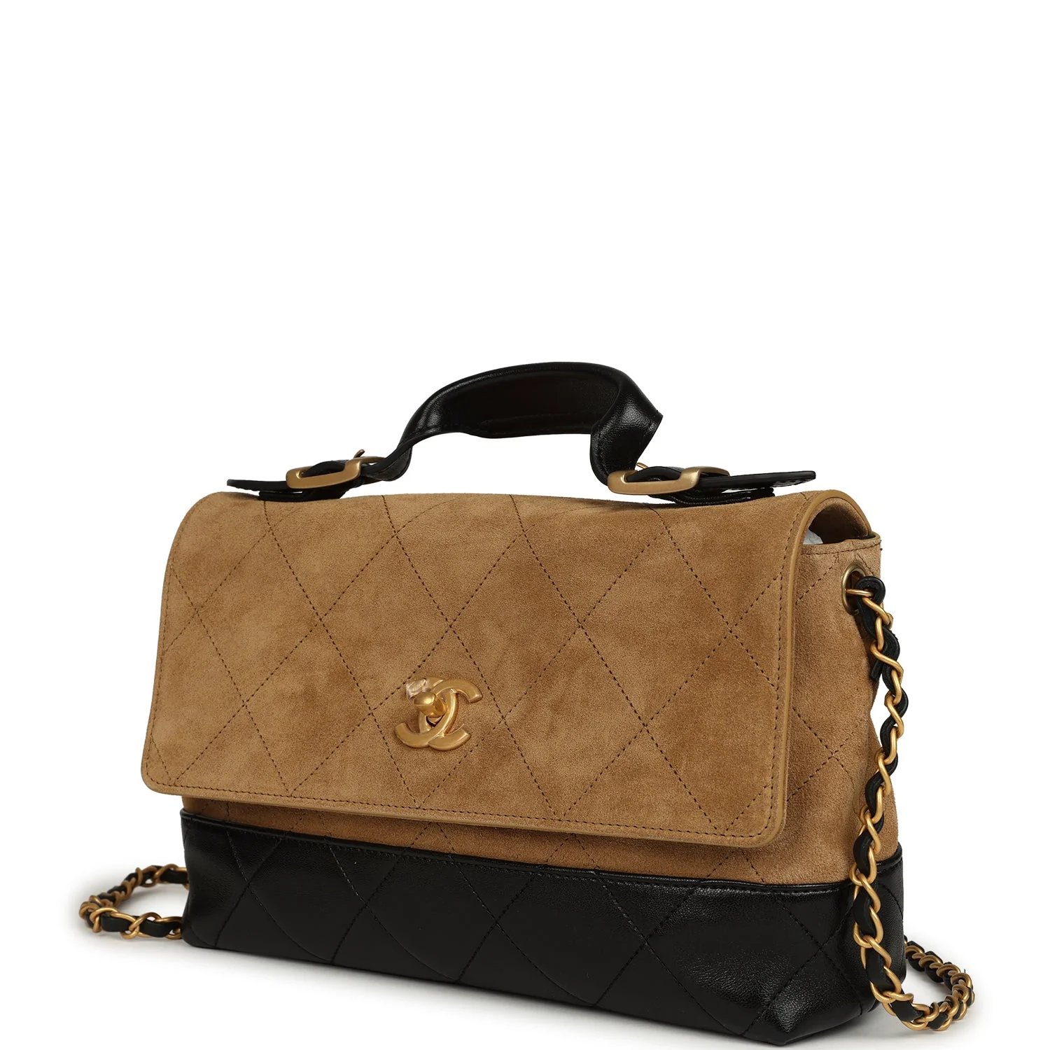 Chanel Coco Base Top Handle Flap Bag Brown Suede and Black Shiny Lambskin Brushed Gold Hardware - Image 5