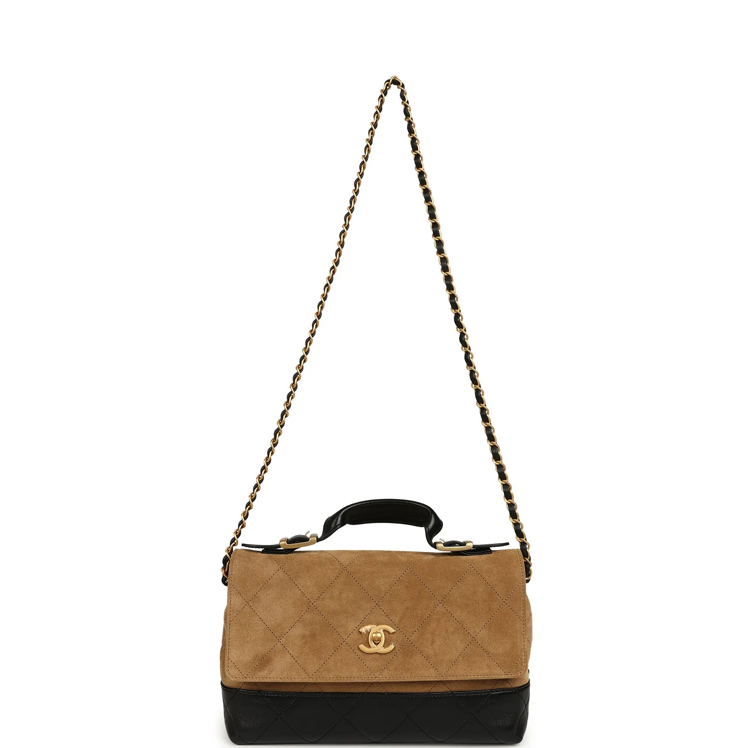 Chanel Coco Base Top Handle Flap Bag Brown Suede and Black Shiny Lambskin Brushed Gold Hardware - Image 7