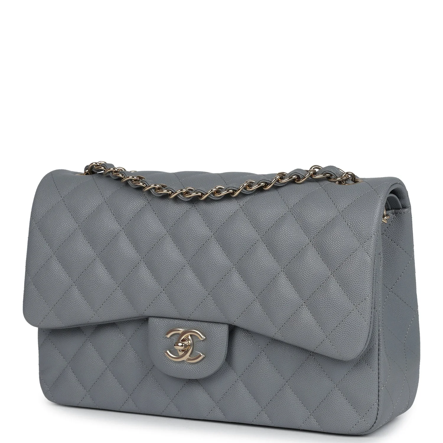 Chanel Jumbo Classic Double Flap Bag Light Grey Shiny Caviar Light Gold Hardware - Image 5