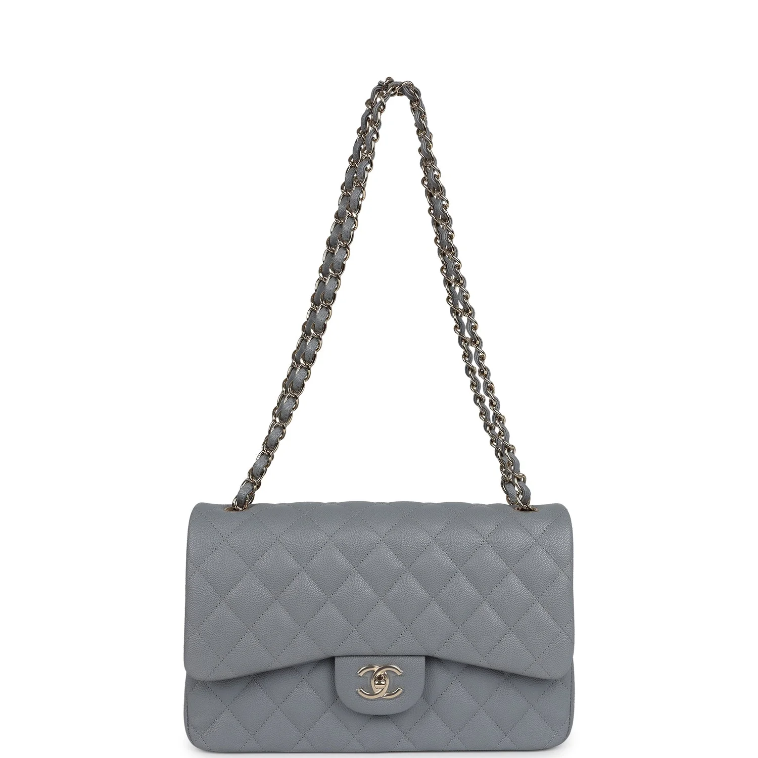 Chanel Jumbo Classic Double Flap Bag Light Grey Shiny Caviar Light Gold Hardware - Image 7