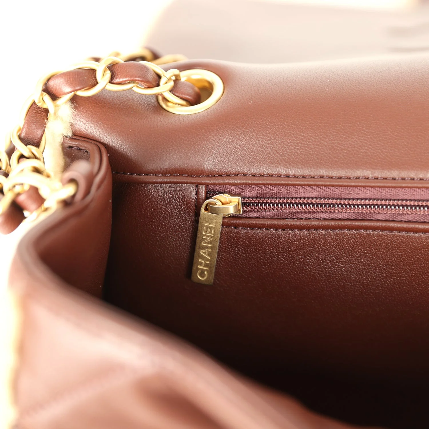 Chanel Large Shearling Flap Bag Dark Brown Lambskin and Beige Shearling Brushed Gold Hardware - Image 10