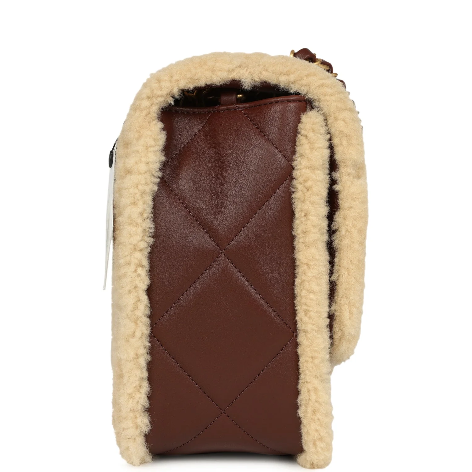 Chanel Large Shearling Flap Bag Dark Brown Lambskin and Beige Shearling Brushed Gold Hardware - Image 3