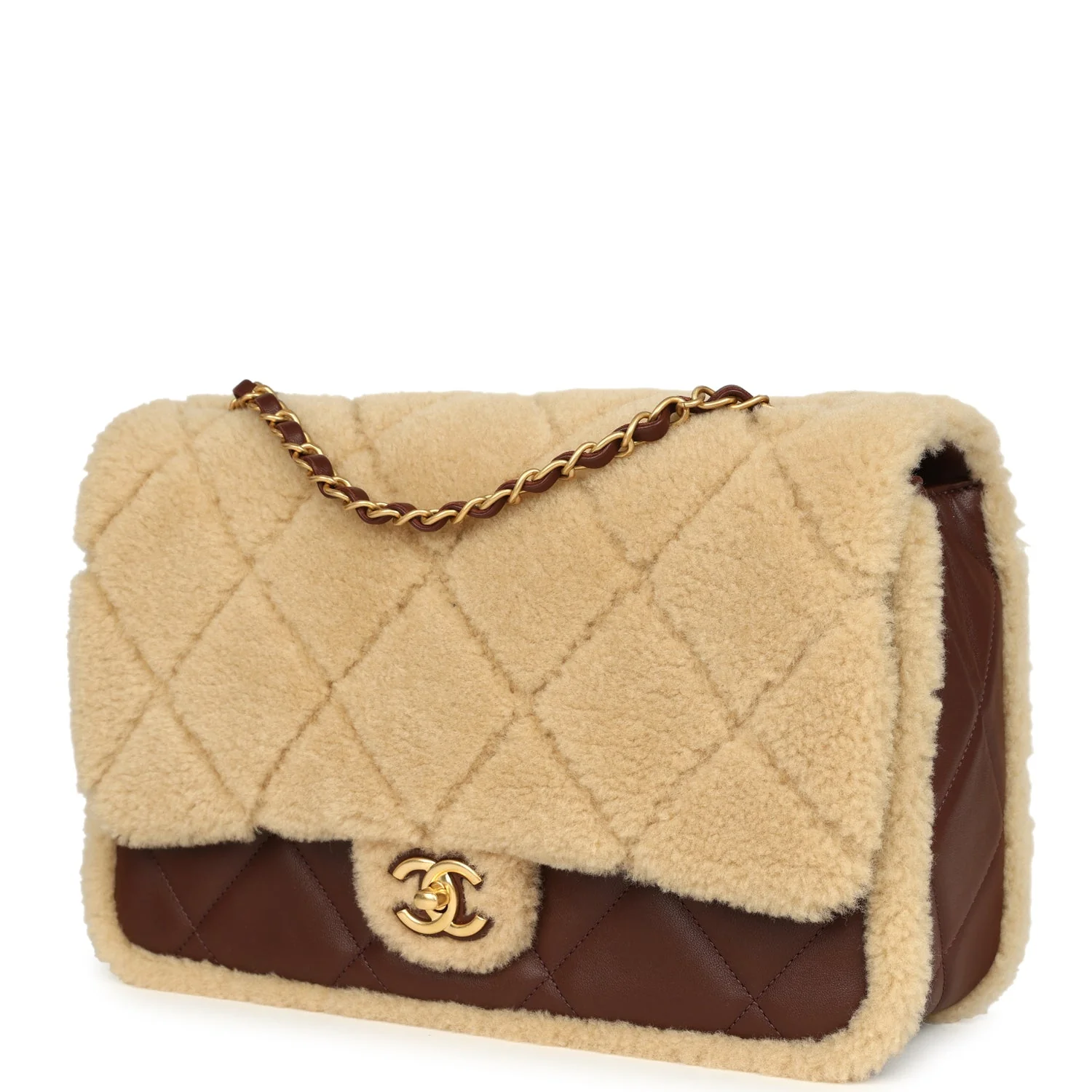 Chanel Large Shearling Flap Bag Dark Brown Lambskin and Beige Shearling Brushed Gold Hardware - Image 5
