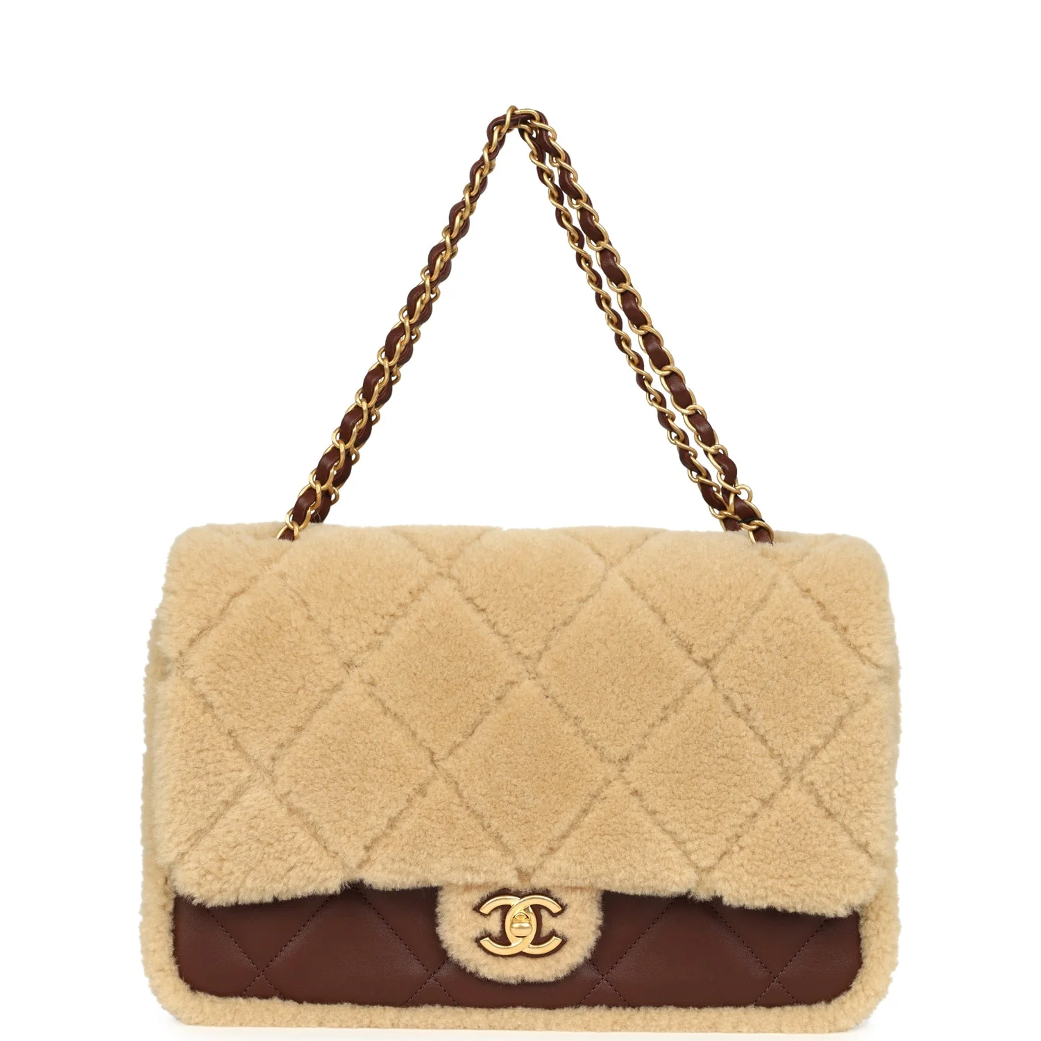 Chanel Large Shearling Flap Bag Dark Brown Lambskin and Beige Shearling Brushed Gold Hardware - Image 7