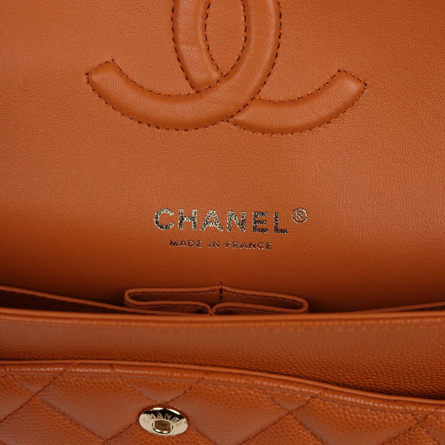 Chanel Medium Classic Double Flap Bag Caramel Shiny Caviar Light Gold Hardware - Image 7