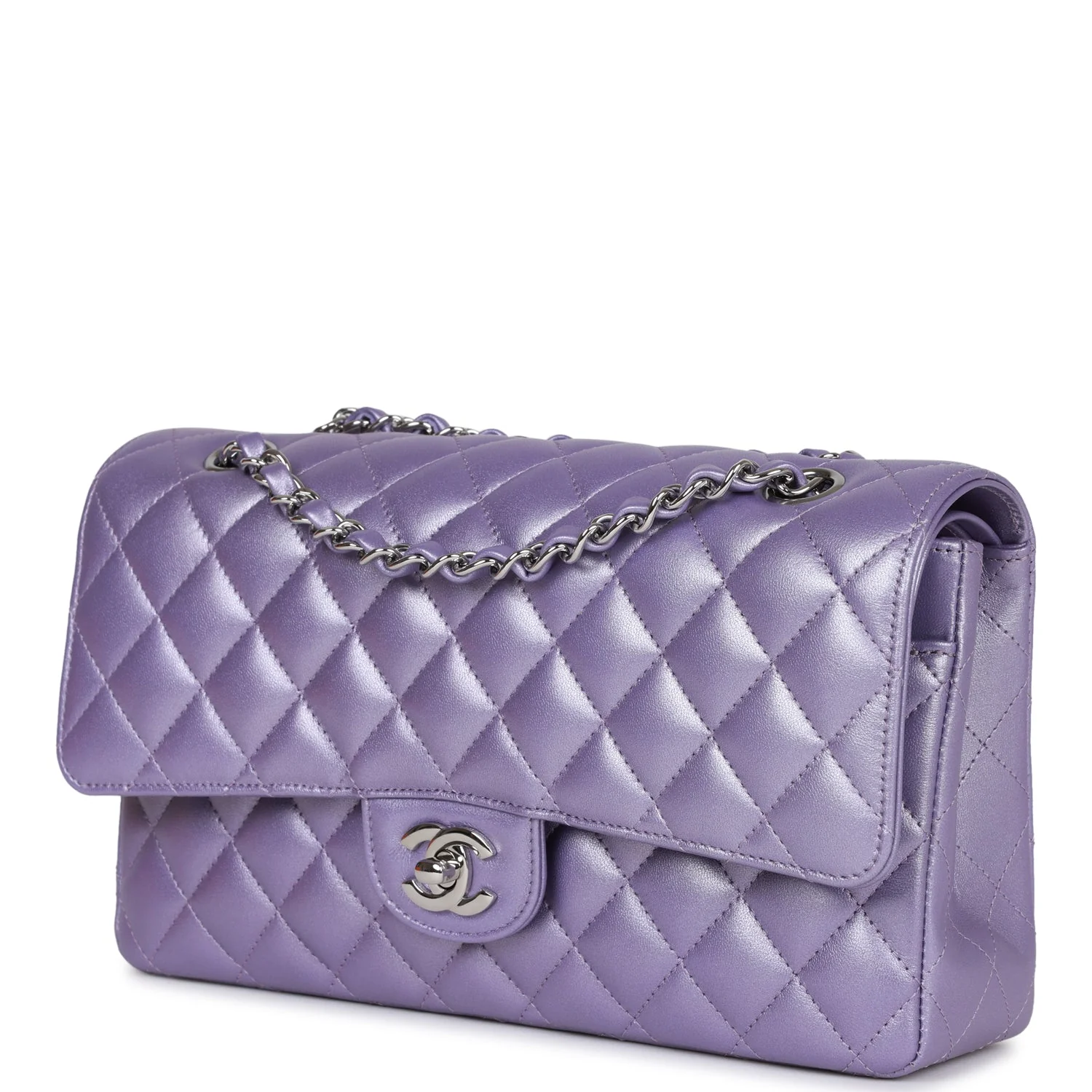 Chanel Medium Classic Double Flap Bag Purple Metallic Lambskin Silver Hardware - Image 5