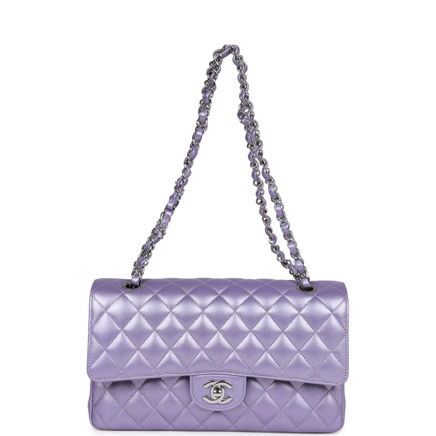 Chanel Medium Classic Double Flap Bag Purple Metallic Lambskin Silver Hardware - Image 7