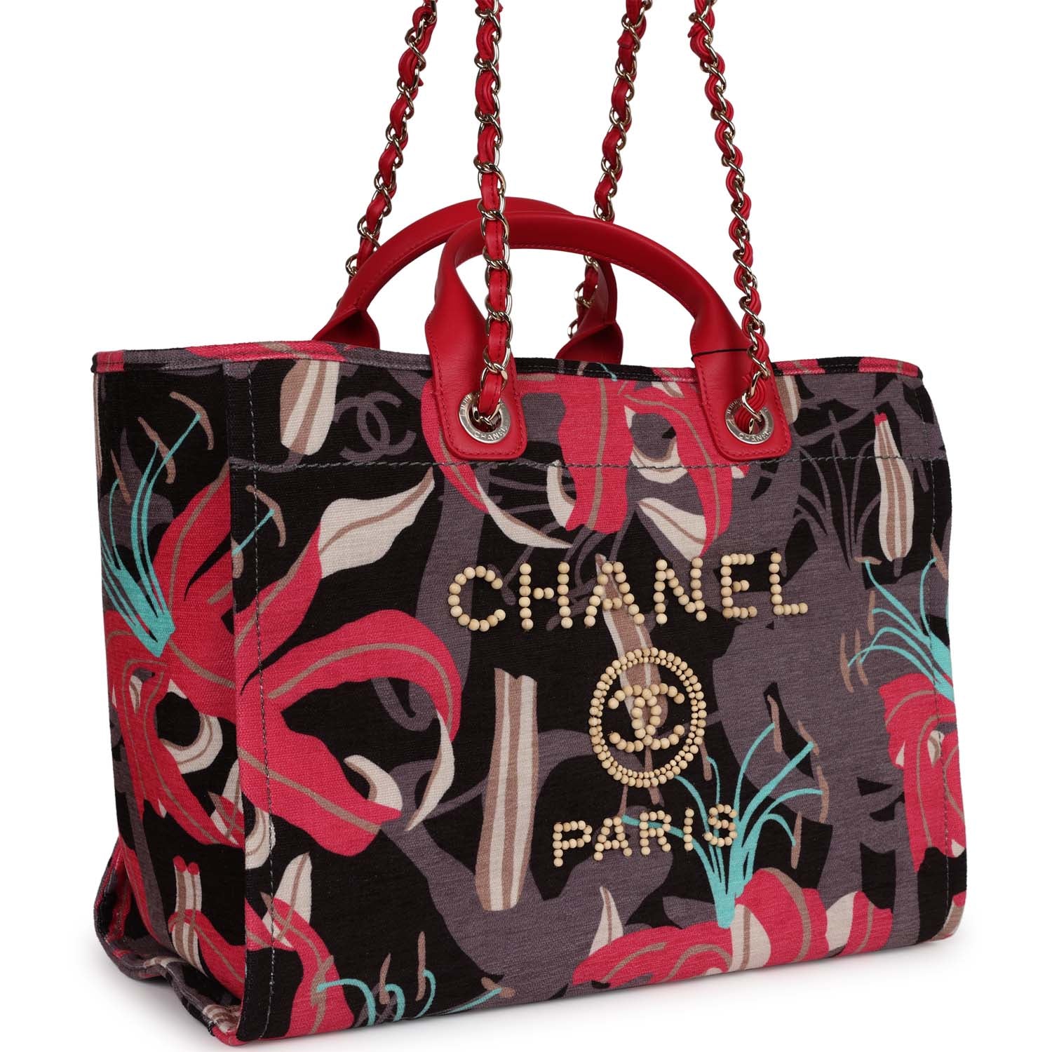 Chanel Medium Deauville Shopping Tote Grey and Pink Tropical Floral Velvet Light Gold Hardware - Image 3