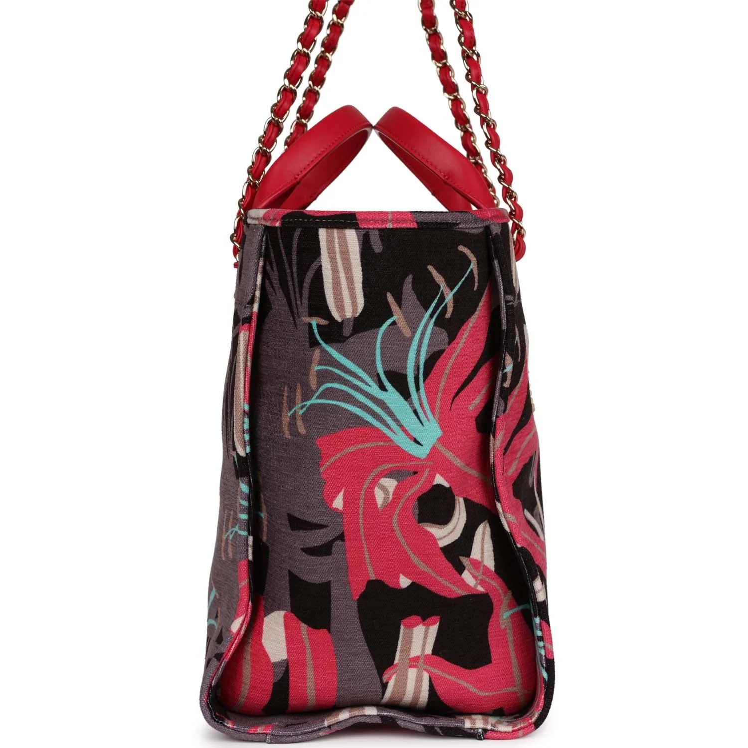 Chanel Medium Deauville Shopping Tote Grey and Pink Tropical Floral Velvet Light Gold Hardware - Image 4