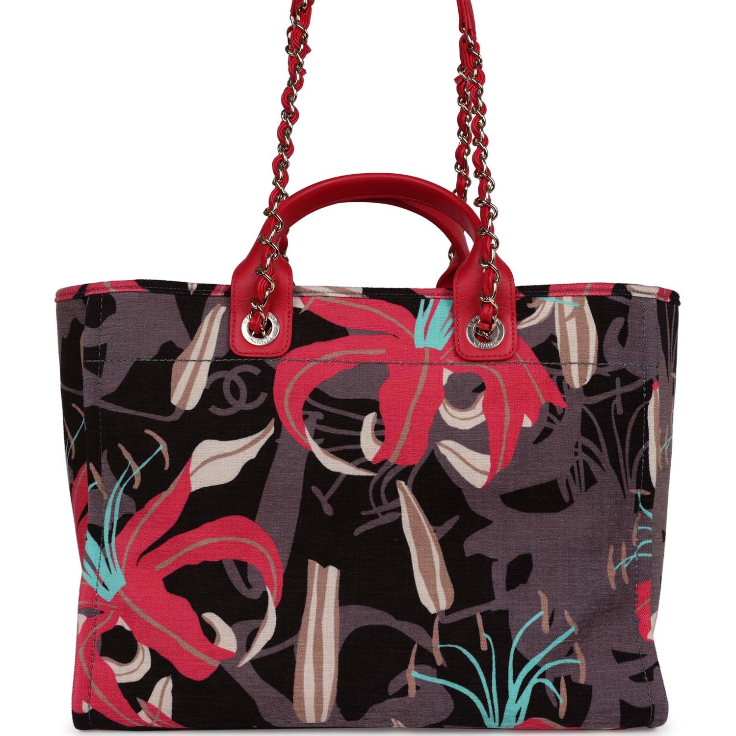 Chanel Medium Deauville Shopping Tote Grey and Pink Tropical Floral Velvet Light Gold Hardware - Image 5