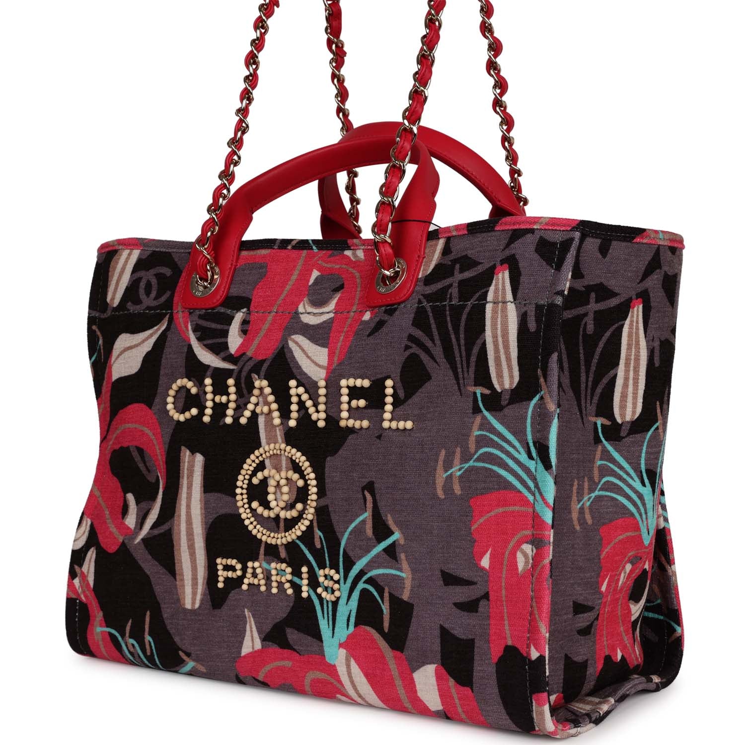 Chanel Medium Deauville Shopping Tote Grey and Pink Tropical Floral Velvet Light Gold Hardware - Image 6