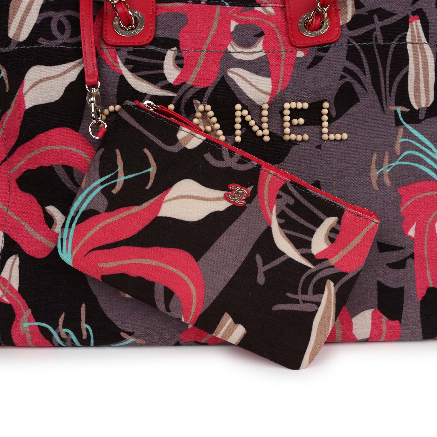 Chanel Medium Deauville Shopping Tote Grey and Pink Tropical Floral Velvet Light Gold Hardware - Image 8