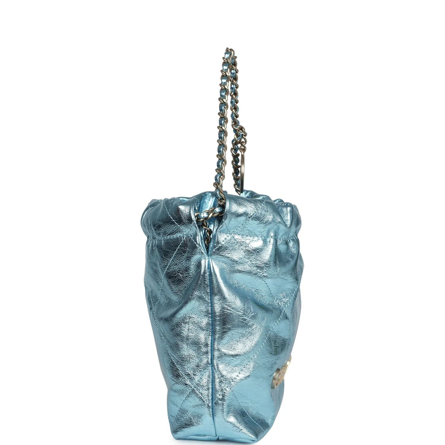 Chanel Mini 22 Bag Blue Metallic Calfskin Brushed Gold Hardware - Image 3