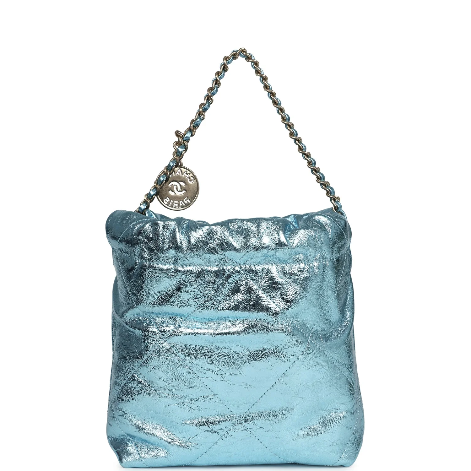 Chanel Mini 22 Bag Blue Metallic Calfskin Brushed Gold Hardware - Image 4