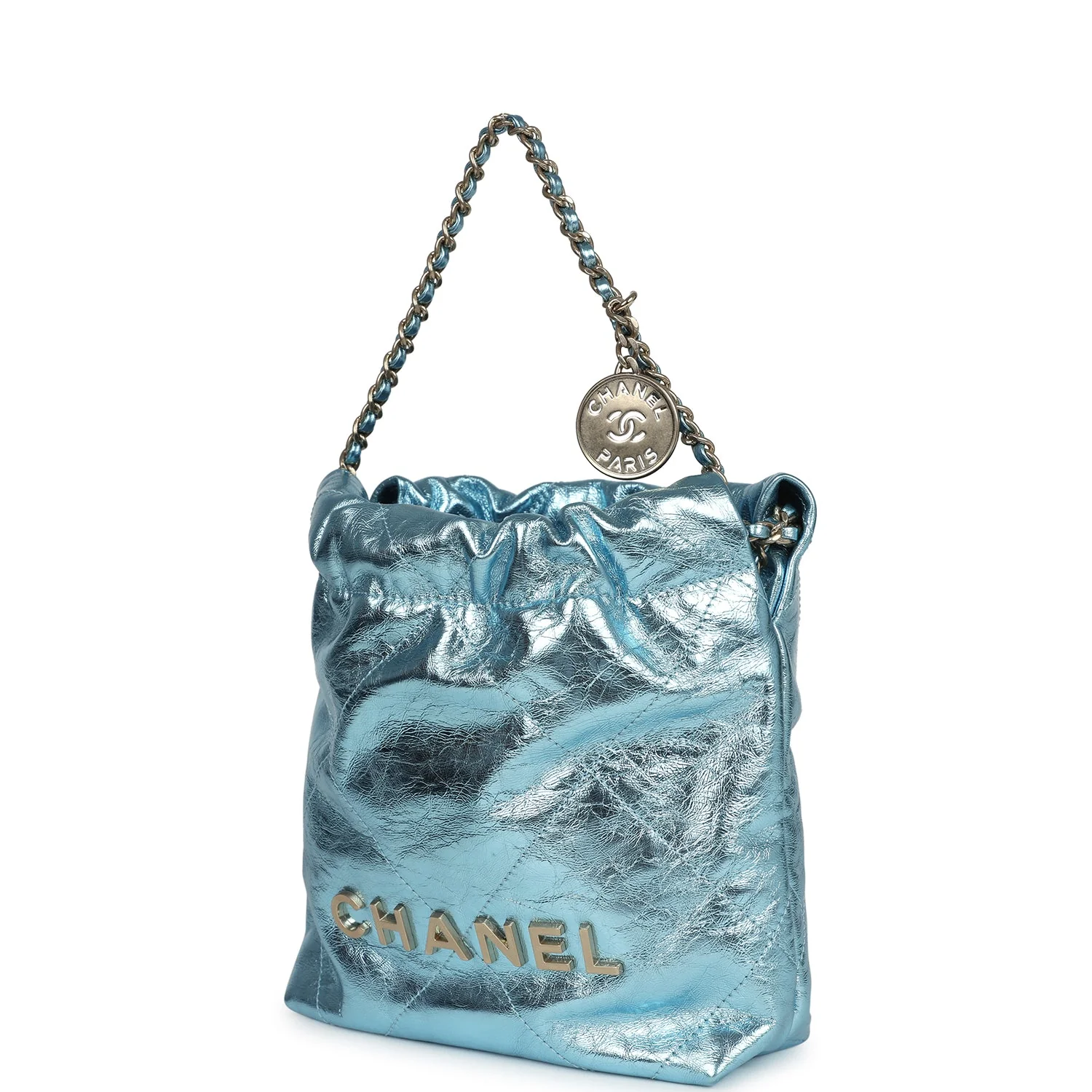 Chanel Mini 22 Bag Blue Metallic Calfskin Brushed Gold Hardware - Image 5
