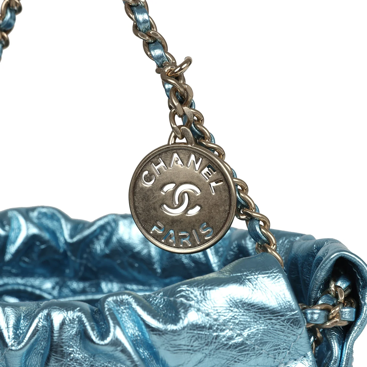 Chanel Mini 22 Bag Blue Metallic Calfskin Brushed Gold Hardware - Image 6