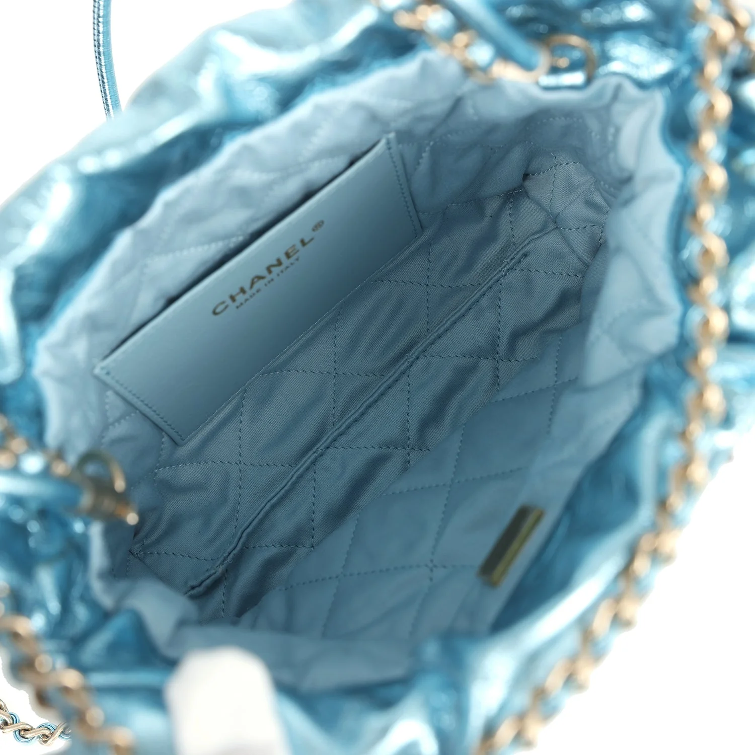 Chanel Mini 22 Bag Blue Metallic Calfskin Brushed Gold Hardware - Image 9