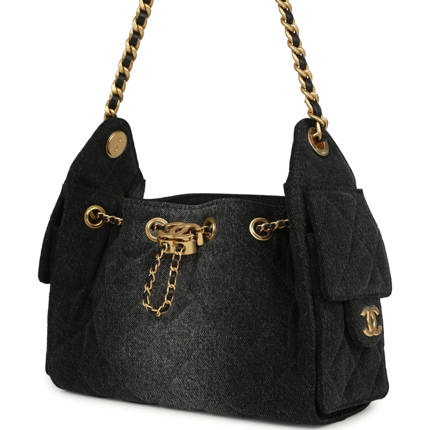 Chanel Mini 25 Hobo Bag Black Washed Denim Antique Gold Hardware - Image 5