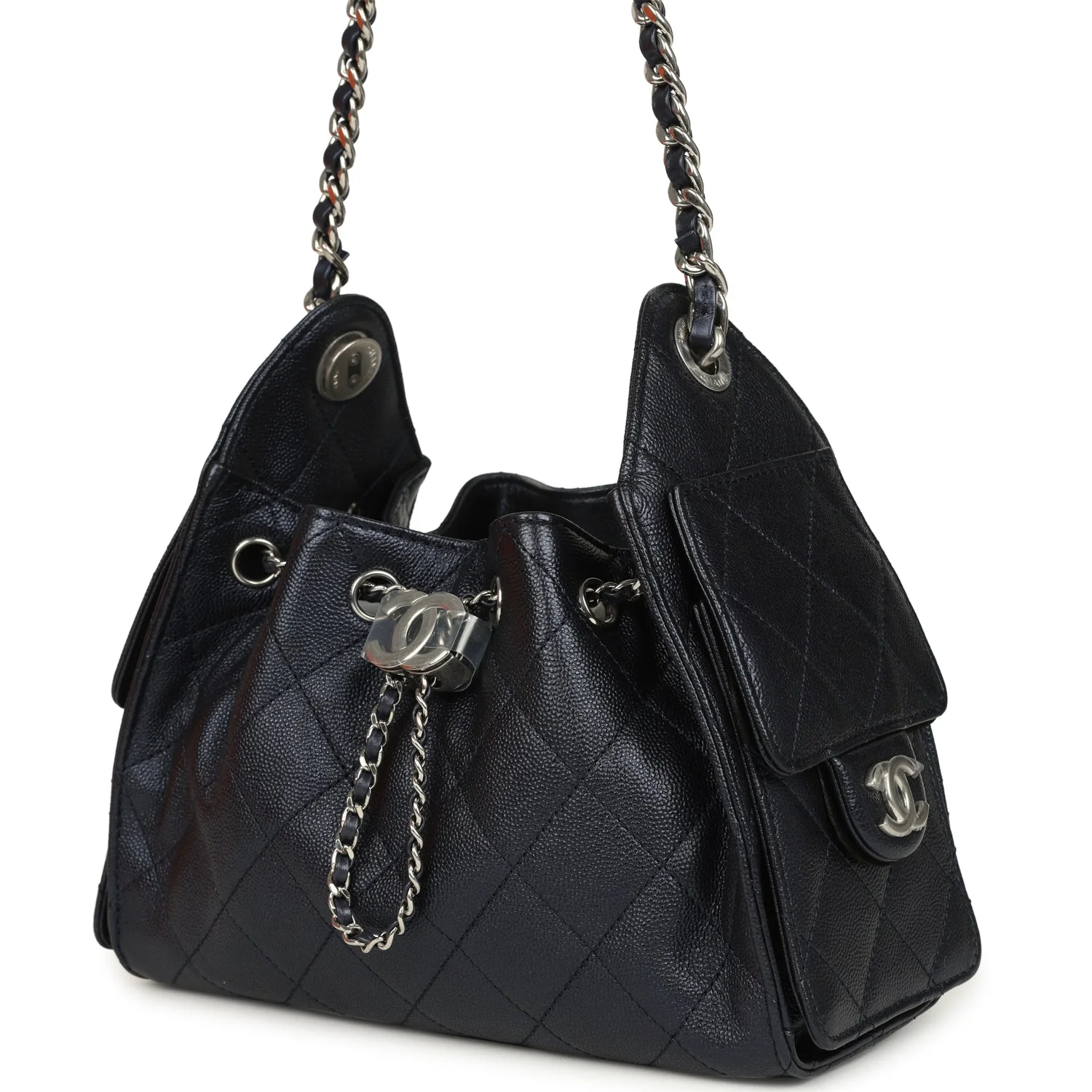 Chanel Mini 25 Hobo Bag Dark Blue Metallic Caviar Silver Hardware - Image 3