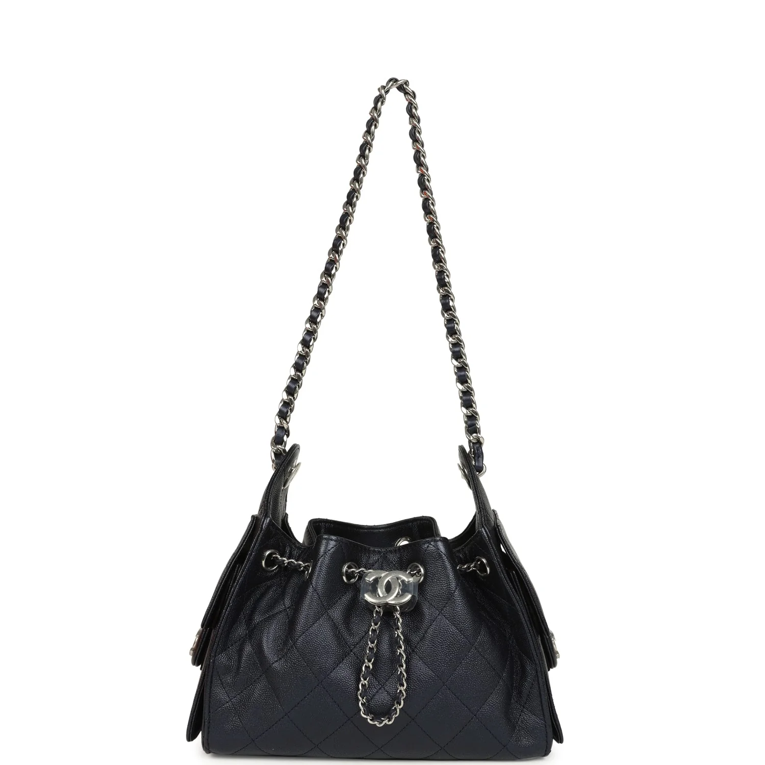 Chanel Mini 25 Hobo Bag Dark Blue Metallic Caviar Silver Hardware - Image 6