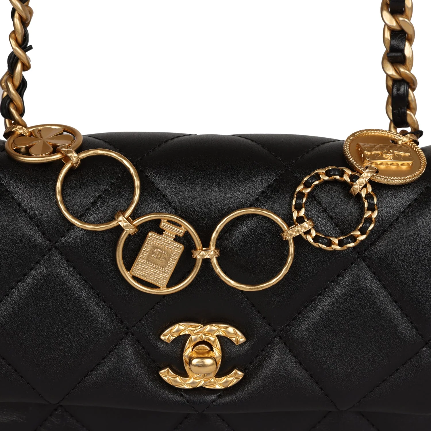 Chanel Mini Charms Flap Bag Black Lambskin Brushed Gold Hardware - Image 8