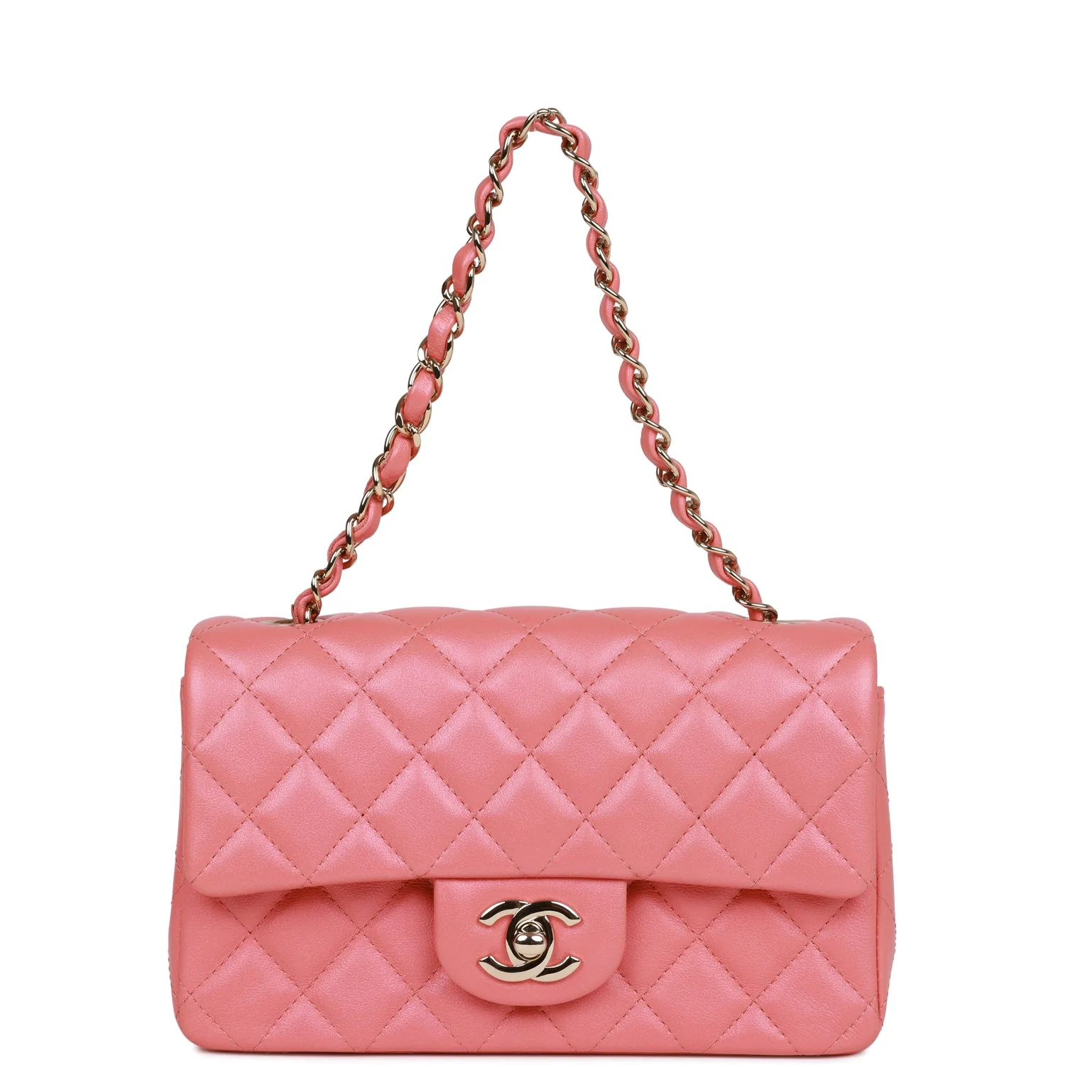 Chanel Mini Rectangular Flap Bag Pink Iridescent Lambskin Light Gold Hardware - Image 7