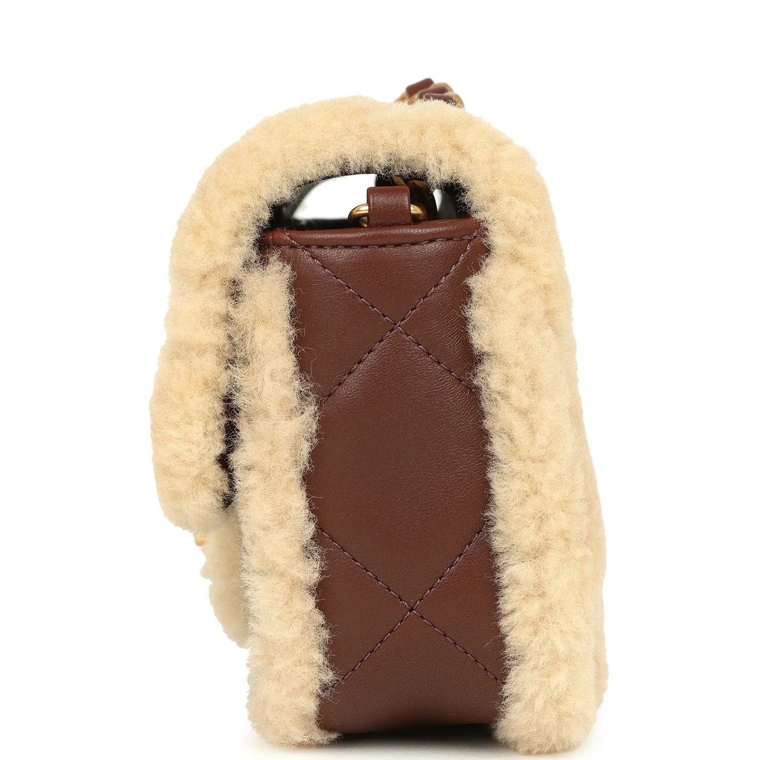 Chanel Mini Shearling Flap Bag Brown Lambskin Brushed Gold Hardware - Image 3
