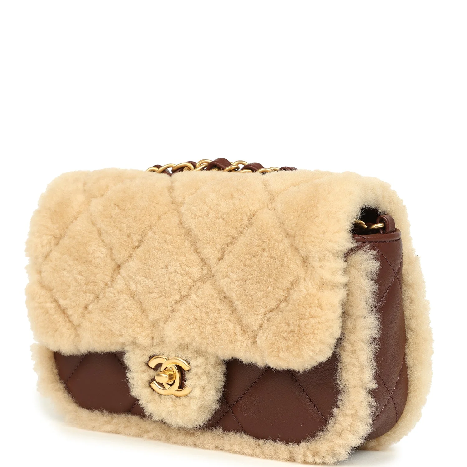 Chanel Mini Shearling Flap Bag Brown Lambskin Brushed Gold Hardware - Image 5