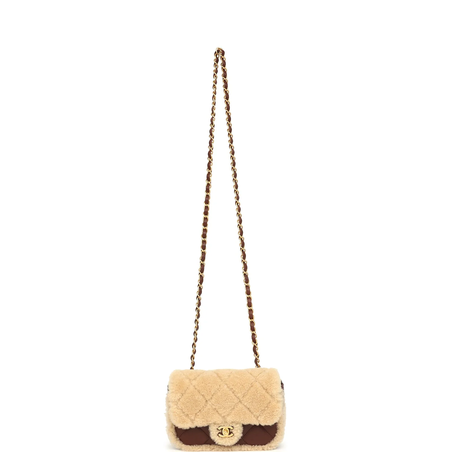 Chanel Mini Shearling Flap Bag Brown Lambskin Brushed Gold Hardware - Image 7