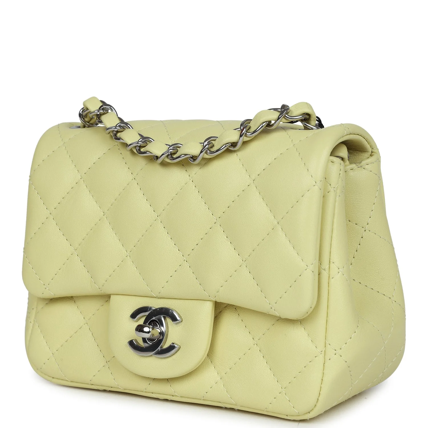 Chanel Mini Square Flap Bag Lime Lambskin Silver Hardware - Image 5