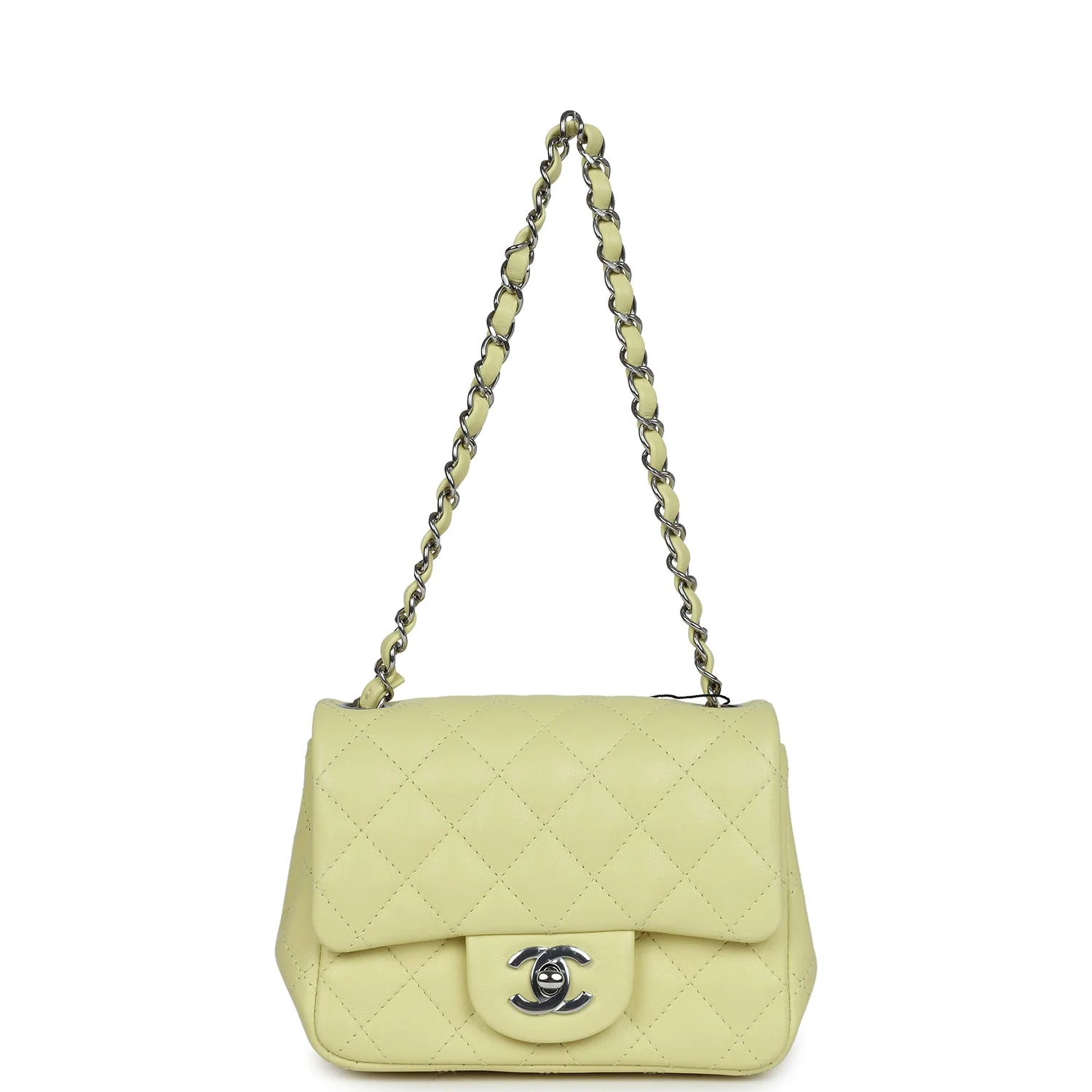 Chanel Mini Square Flap Bag Lime Lambskin Silver Hardware - Image 7