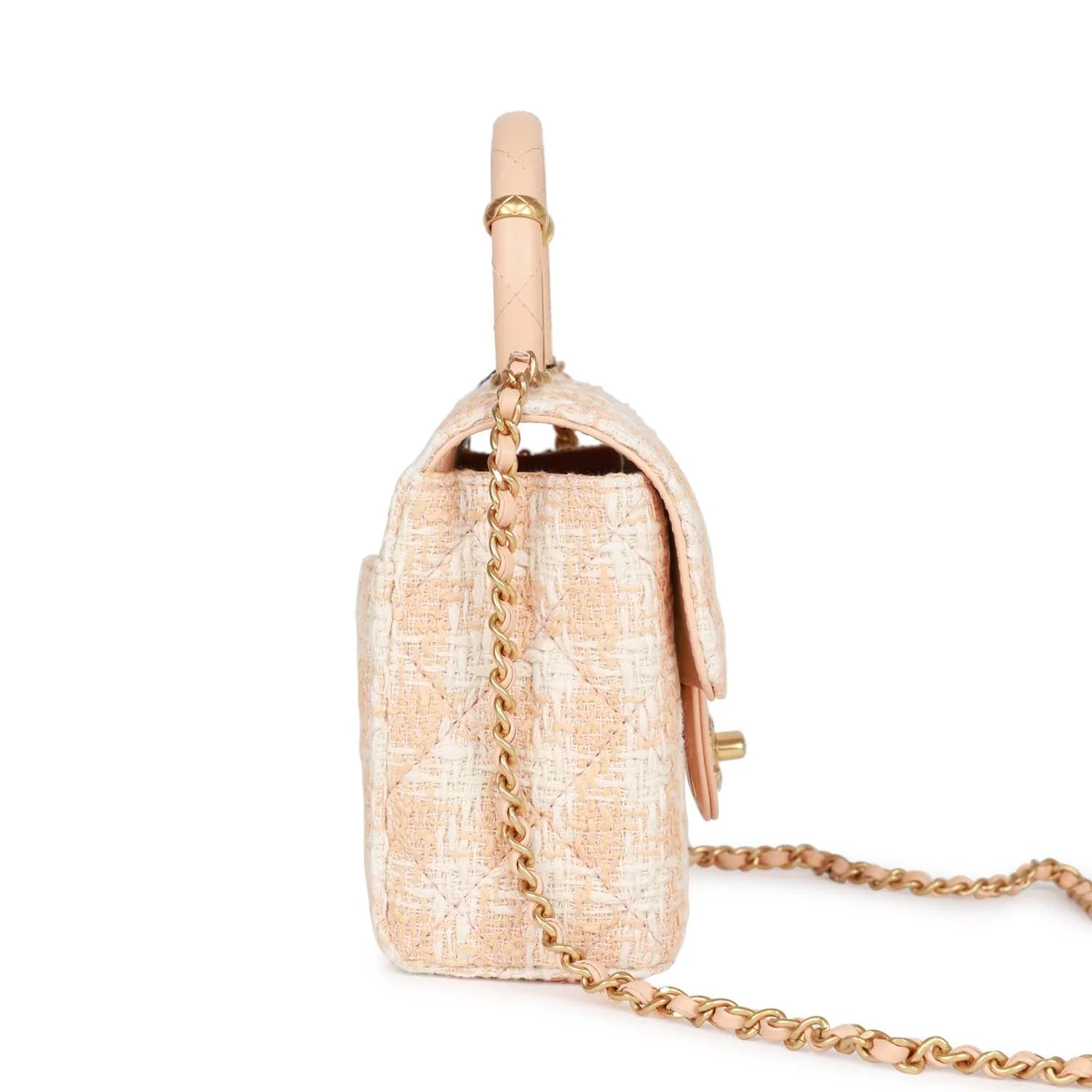 Chanel Mini Square Flap with Top Handle Light Orange and Ecru Tweed Antique Gold Hardware - Image 3