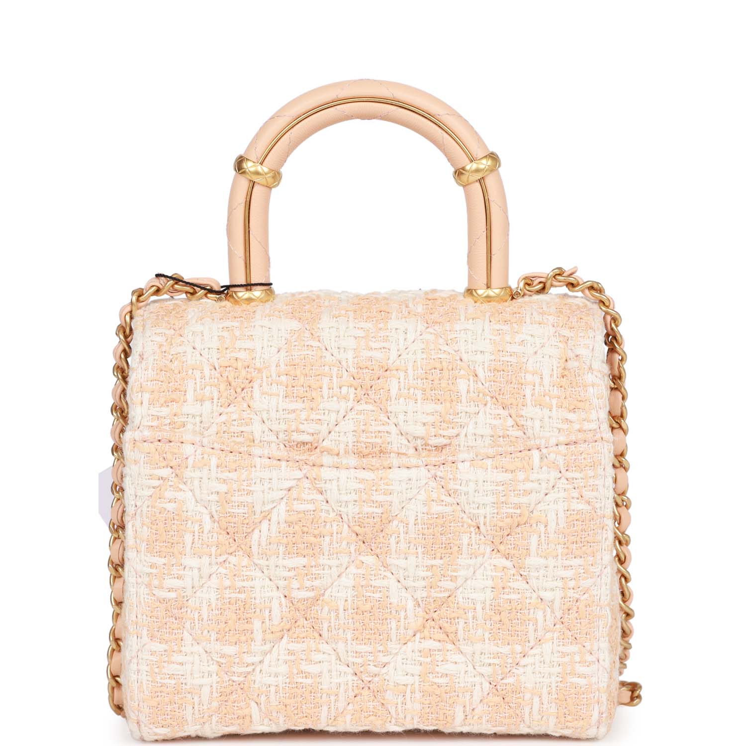 Chanel Mini Square Flap with Top Handle Light Orange and Ecru Tweed Antique Gold Hardware - Image 4