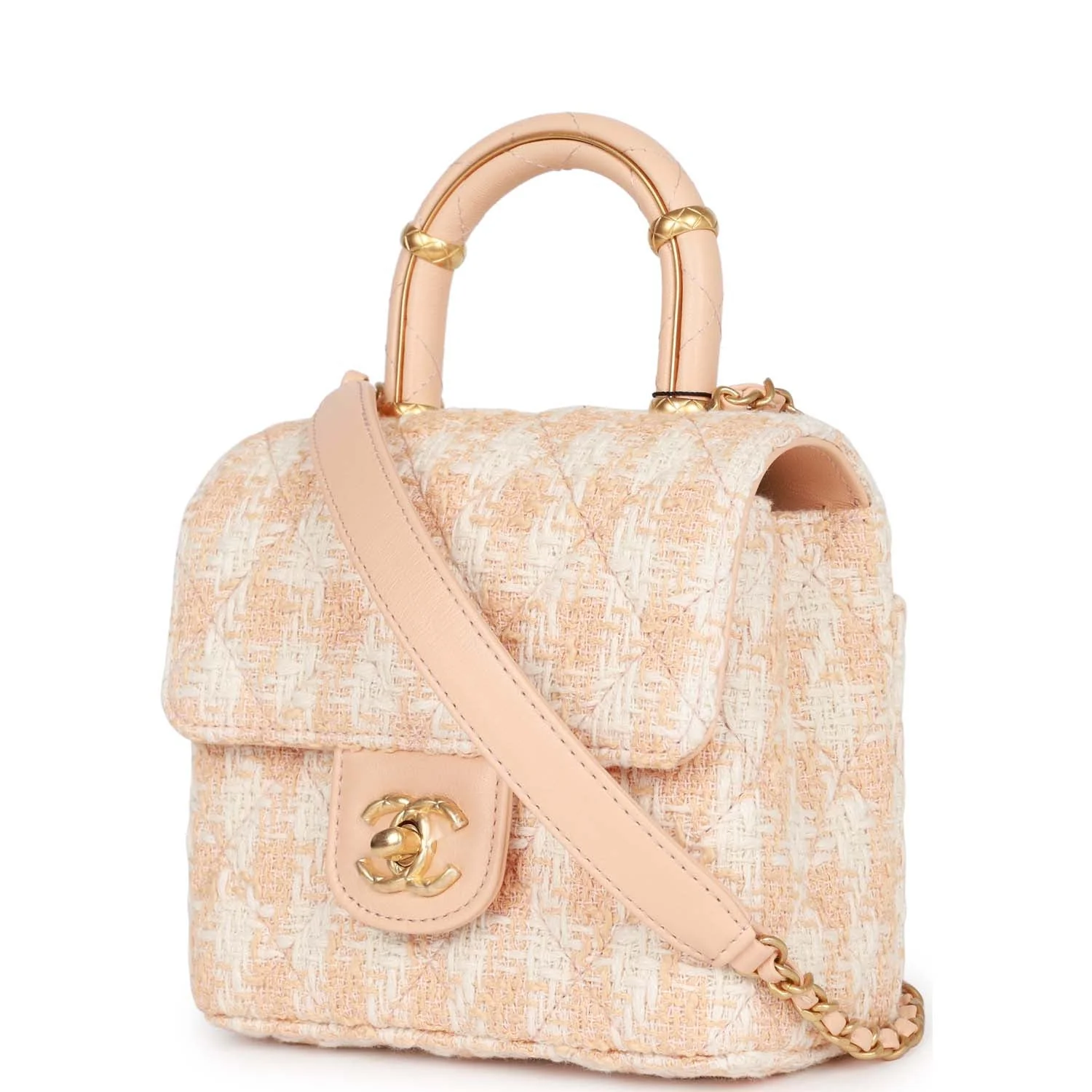 Chanel Mini Square Flap with Top Handle Light Orange and Ecru Tweed Antique Gold Hardware - Image 5