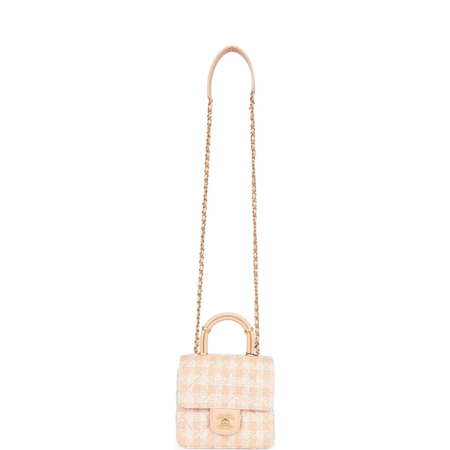 Chanel Mini Square Flap with Top Handle Light Orange and Ecru Tweed Antique Gold Hardware - Image 7