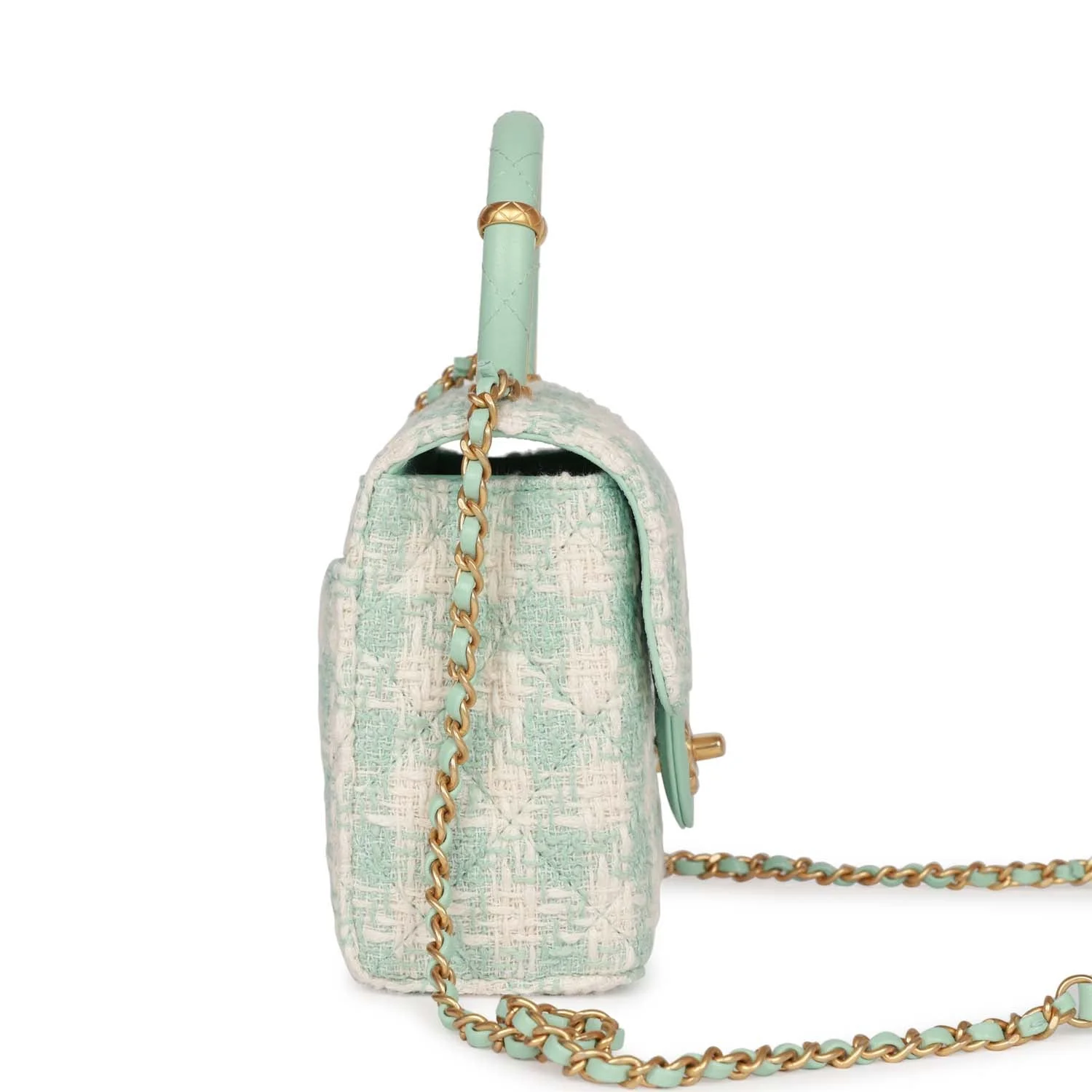 Chanel Mini Square Flap with Top Handle Turquoise and Ecru Tweed Antique Gold Hardware - Image 3