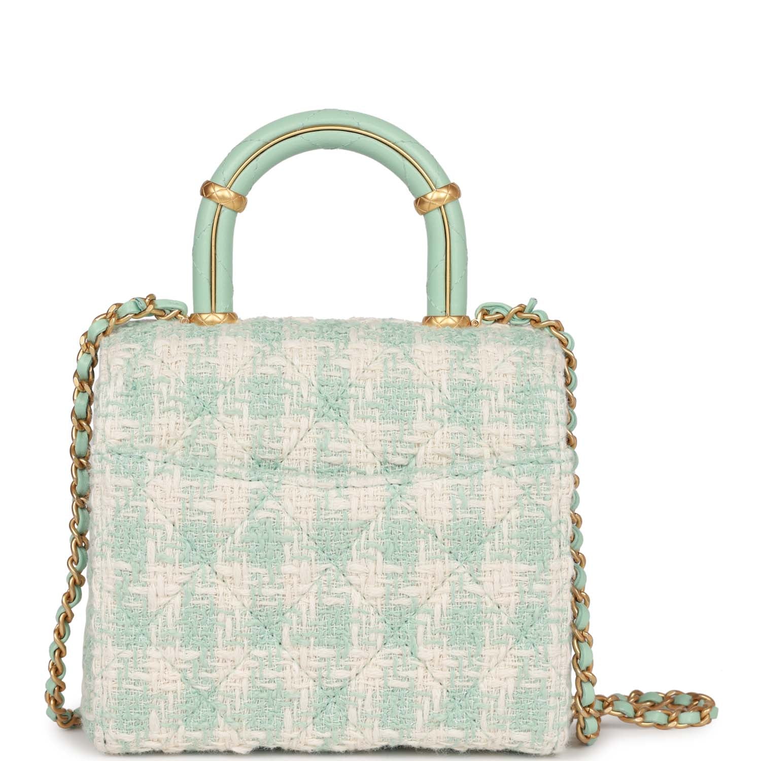Chanel Mini Square Flap with Top Handle Turquoise and Ecru Tweed Antique Gold Hardware - Image 4