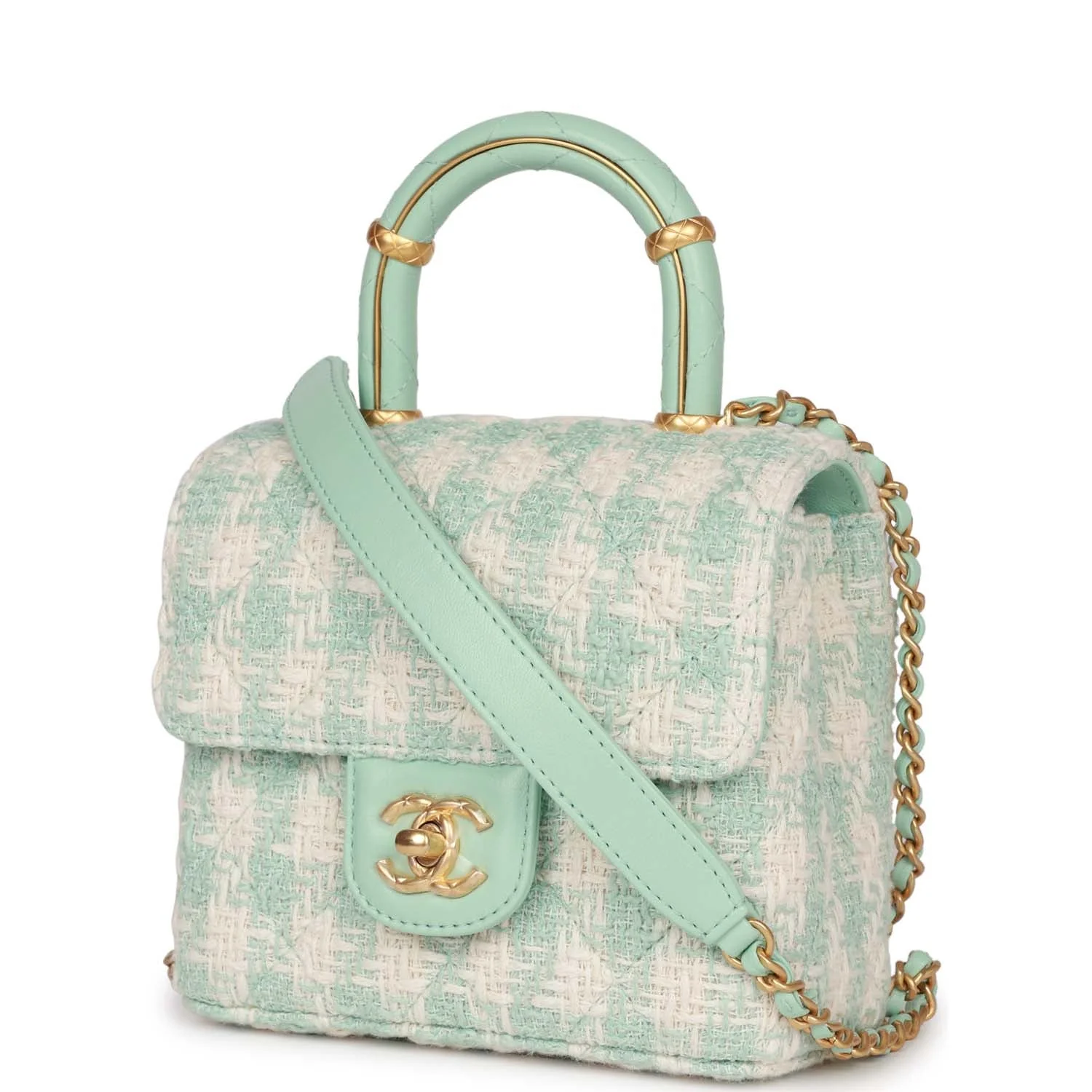Chanel Mini Square Flap with Top Handle Turquoise and Ecru Tweed Antique Gold Hardware - Image 5