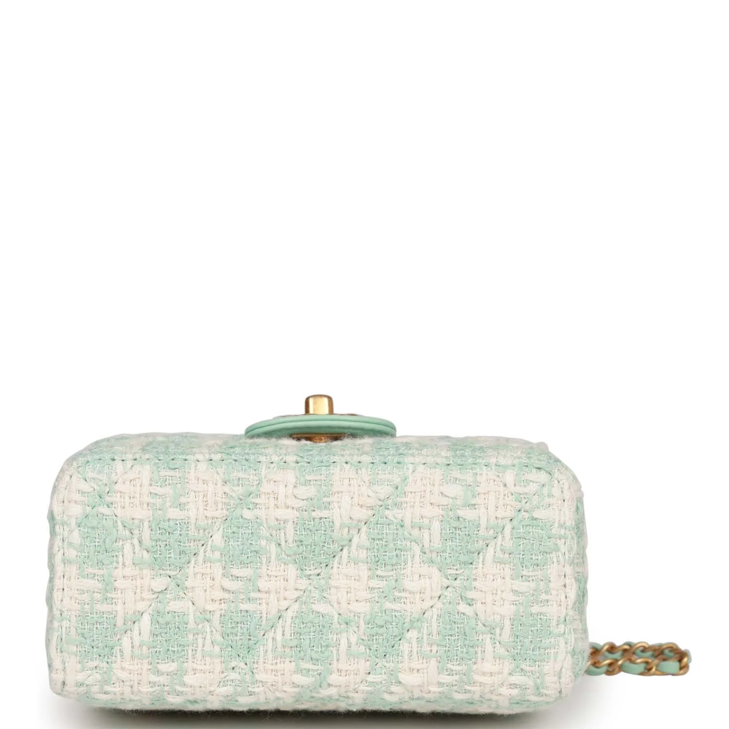 Chanel Mini Square Flap with Top Handle Turquoise and Ecru Tweed Antique Gold Hardware - Image 6
