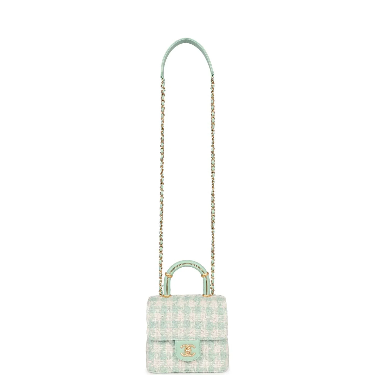 Chanel Mini Square Flap with Top Handle Turquoise and Ecru Tweed Antique Gold Hardware - Image 7