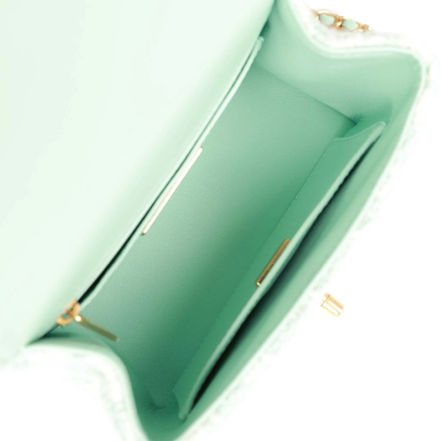 Chanel Mini Square Flap with Top Handle Turquoise and Ecru Tweed Antique Gold Hardware - Image 8