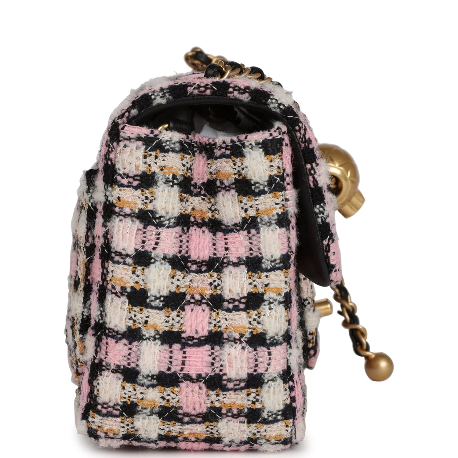 Chanel Pearl Crush Mini Square Flap Bag Pink and Black Tweed Antique Gold Hardware - Image 3