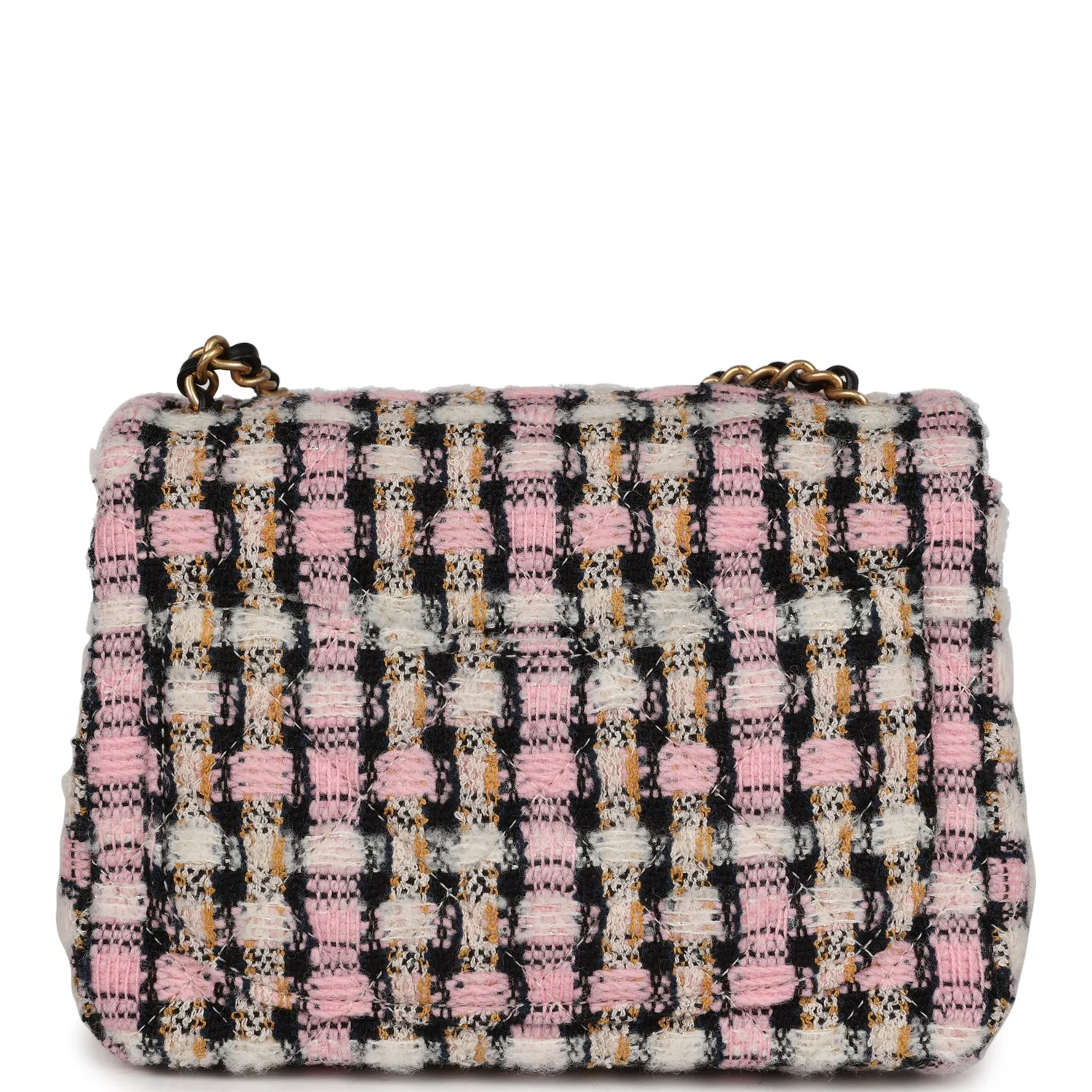 Chanel Pearl Crush Mini Square Flap Bag Pink and Black Tweed Antique Gold Hardware - Image 4