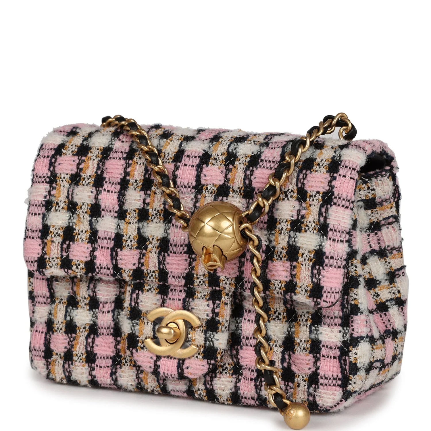 Chanel Pearl Crush Mini Square Flap Bag Pink and Black Tweed Antique Gold Hardware - Image 5