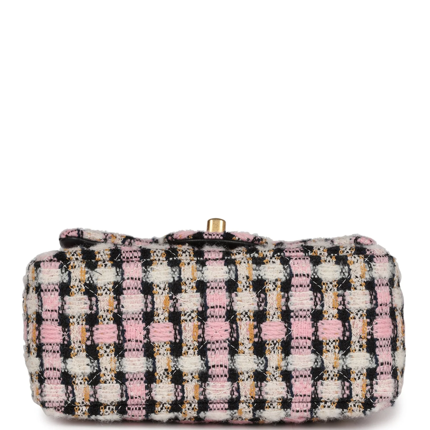 Chanel Pearl Crush Mini Square Flap Bag Pink and Black Tweed Antique Gold Hardware - Image 6