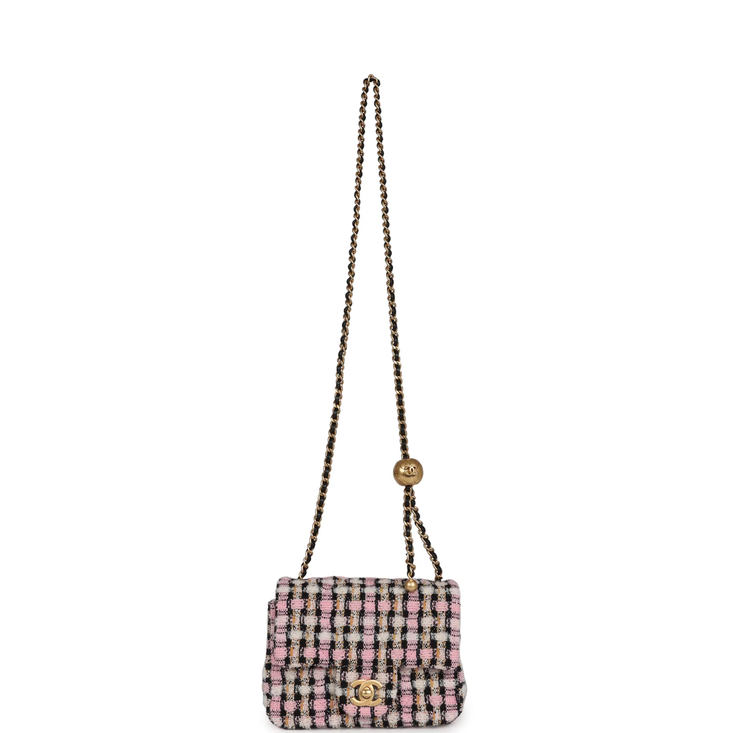 Chanel Pearl Crush Mini Square Flap Bag Pink and Black Tweed Antique Gold Hardware - Image 7