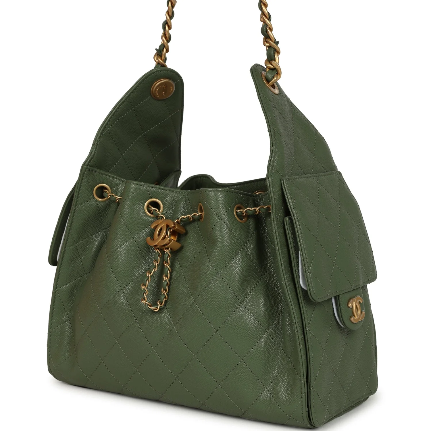 Chanel Small 25 Hobo Bag Khaki Caviar Antique Gold Hardware - Image 5