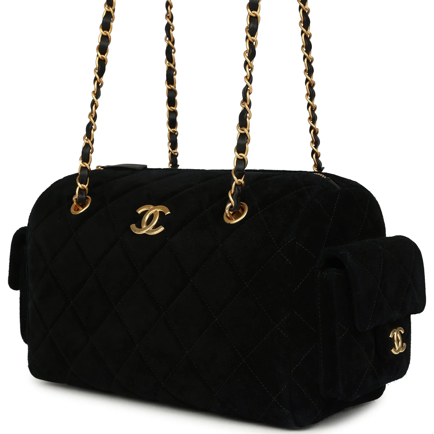 Chanel Small Bowling Bag Black Suede Antique Gold Hardware - Image 5